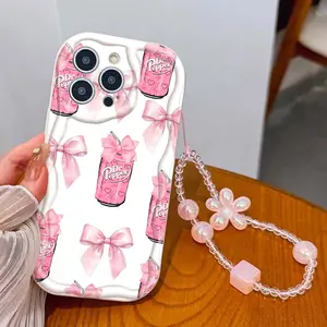 Drink Bow Strap Pattern Tpu Wave Edge Anti-Drop Phone Case for Apple iPhone 17 Pro Max/16/16 Pro Max/11/13/14/15, Girl's Gift
