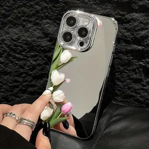 Aesthetic art tulip floral pattern mirror phone case, drop-resistant and durable, beautiful and gorgeous with high visual appeal, suitable for iPhone 17, 16, 15, 14, 13, 12, 11. Perfect as a holiday gift for friends, family, or yourself.