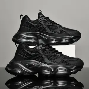 Men's Triple Black Chunky Sneakers | Classic "Dad Shoes" for Walking | Breathable Mesh Platform Trainers | All-Black Fashion Streetwear Kicks