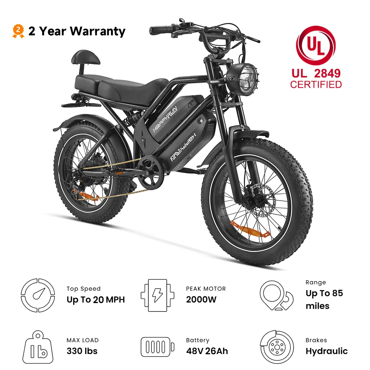 HAPPYRUN G70 Electric-bike UL 2849 Certified Electric Bike,2000W Peak Motor, 48V 26Ah Battery, Up to 85+ Miles Range,  Fat Tire Ebike, Commuter Electric Bicycle for City Riding