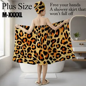Plus Size M-XXXXL Classic Leopard Print Bath Wrap Skirt & Hair Towel Set, Soft Absorbent Towel, Towels For Bathroom, Non-Slip Adjustable Shower Skirt for Bathroom, Spa, Bachelorette Party, Holiday Gift