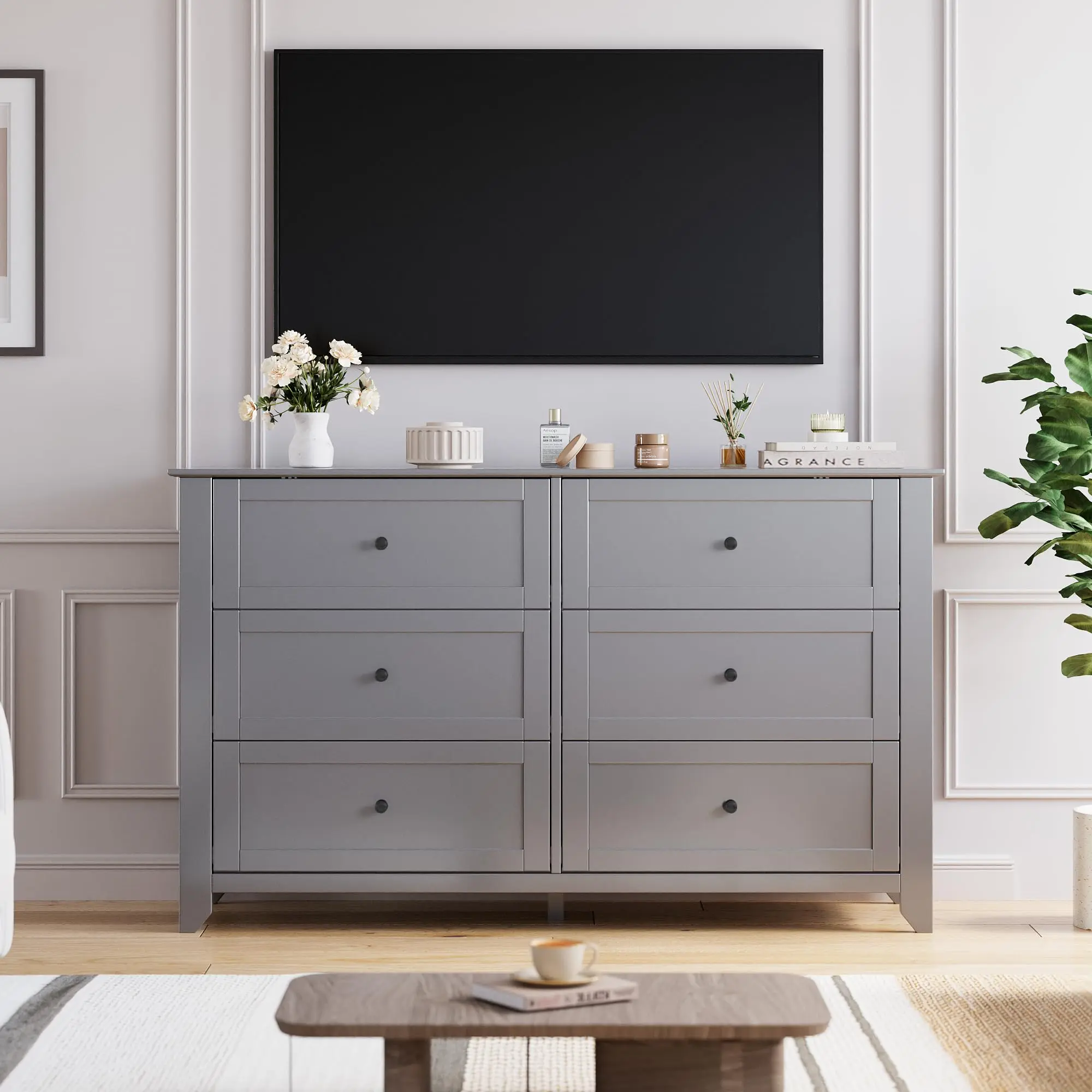 6 Drawer Dresser - 53.9" Farmhouse Wood Chest with Deep Drawers, Tall Storage Design & Organizer Structure