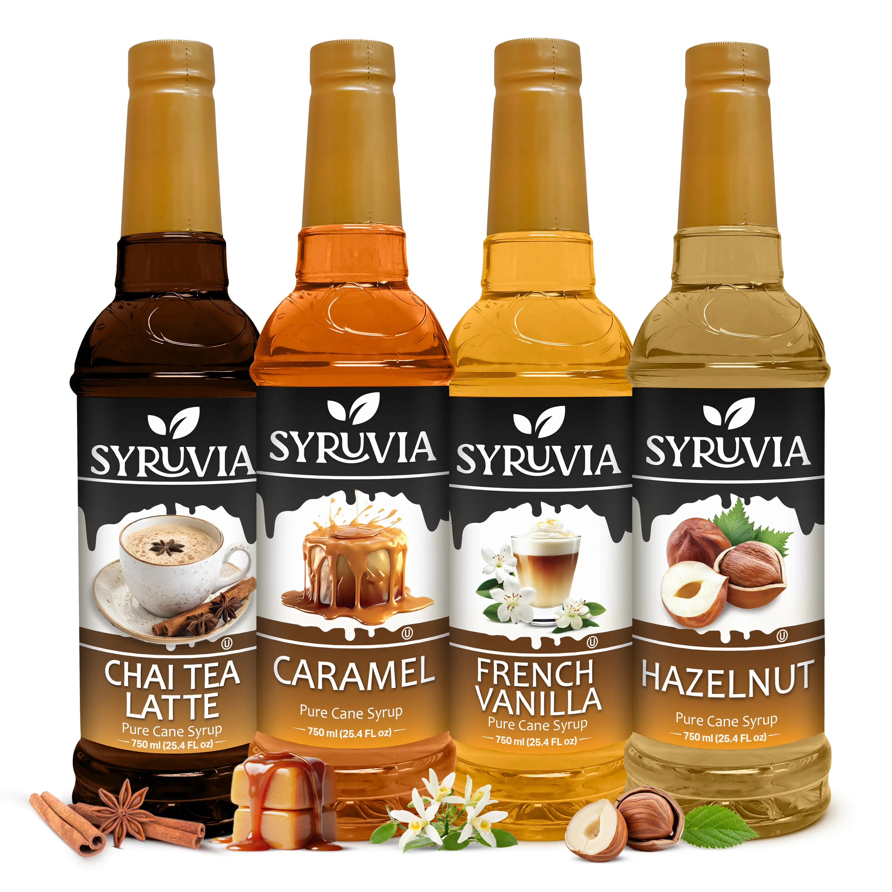 Syruvia Premium Sweet Sugar Syrups & Concentrates Variety Pack - Chai Tea Latte, Caramel, French Vanilla, Hazelnut - For Coffee, Beverages, Desserts - 25.4 Fl oz Bottles (4 Pack)