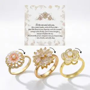NBR17 3pcs Spinning Flower Stress Relief Ring Set: Gold Plated Large Top Design Double-Layer Adjustable Daisy Sunflowers Fidget Ring ,Hypoallergenic  Large Ring Face Calming Jewelry Gift with Sentiment Card for Her,Anti Anxiety Ring