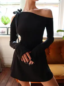 Women's Plain Cut Out Asymmetrical Neck Tie Front Dress, Elegant Long Sleeve Short Dress for Party Holiday, Ladies Fall Clothes, Fall Outfits, Fallfreshness Valentine's Day, gift, Womenswear