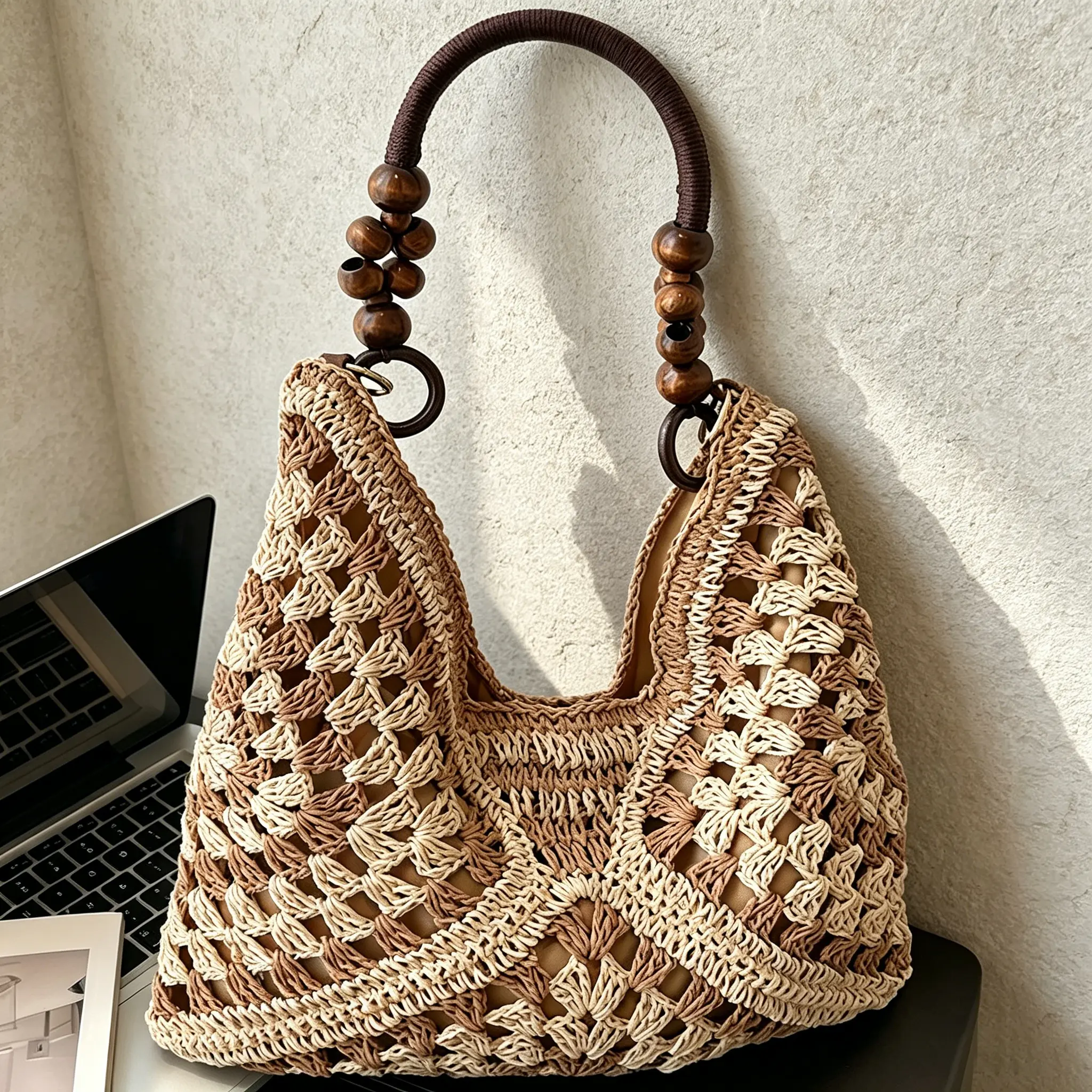 Handmade Woven Paper Rope Crochet Casual Fashion Bag - Lightweight, Unisex Youth Multi-Function Sports Outdoor Gym Bag for Hiking/Light Outdoor Summer Beach Use, No Excess Bulk Accessory