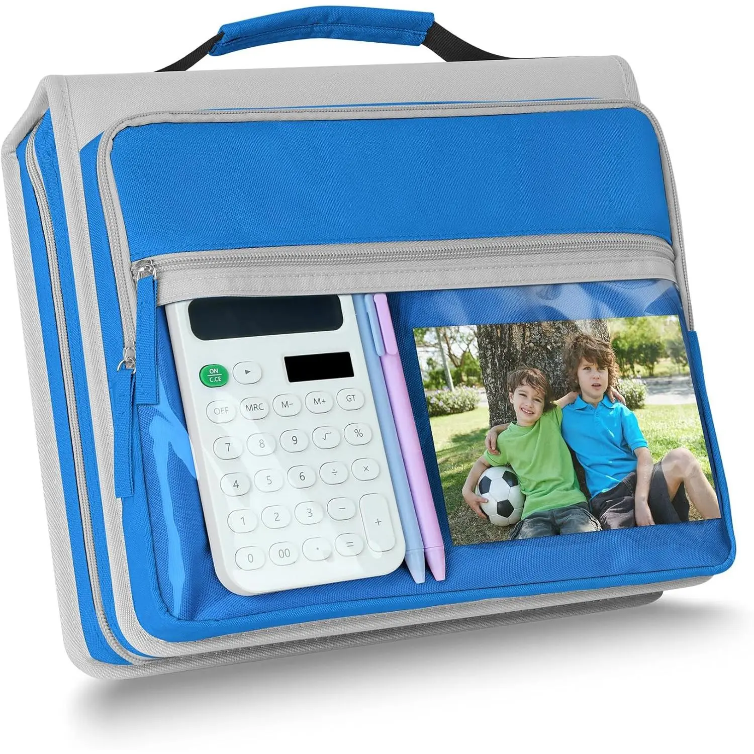 Zipper Binder 3 Ring with Handle, 2 Inch O-Ring Document Organizer Middle School Binder with Zipper for Students, 5-Tab Expanding File Folder & 2 Mesh Pouches, DIY Clear Front Pocket, Blue