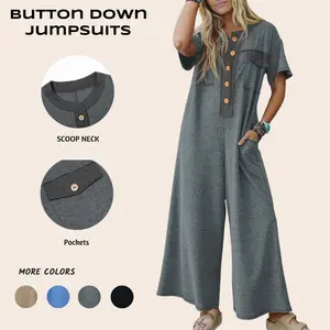 Imily Bela Womens Casual Loose Jumpsuits Short Sleeve V-Neck Button Down One Piece Outfits Wide Leg Summer Long Pant Rompers with Pockets
