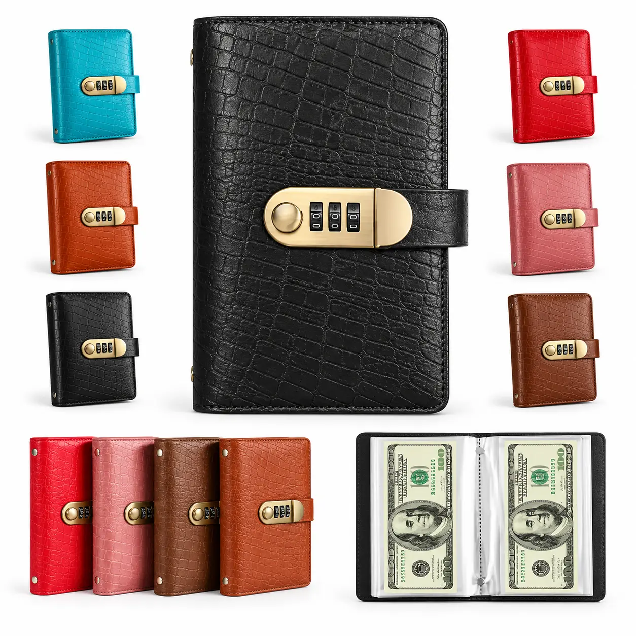 100-Grid Password Lock PU Leather Banknote Collection Album with Sleeves - Durable Accounting Supplies, Office Stationery Binder Accessory for Household Savings Storage, School Activity Rewards