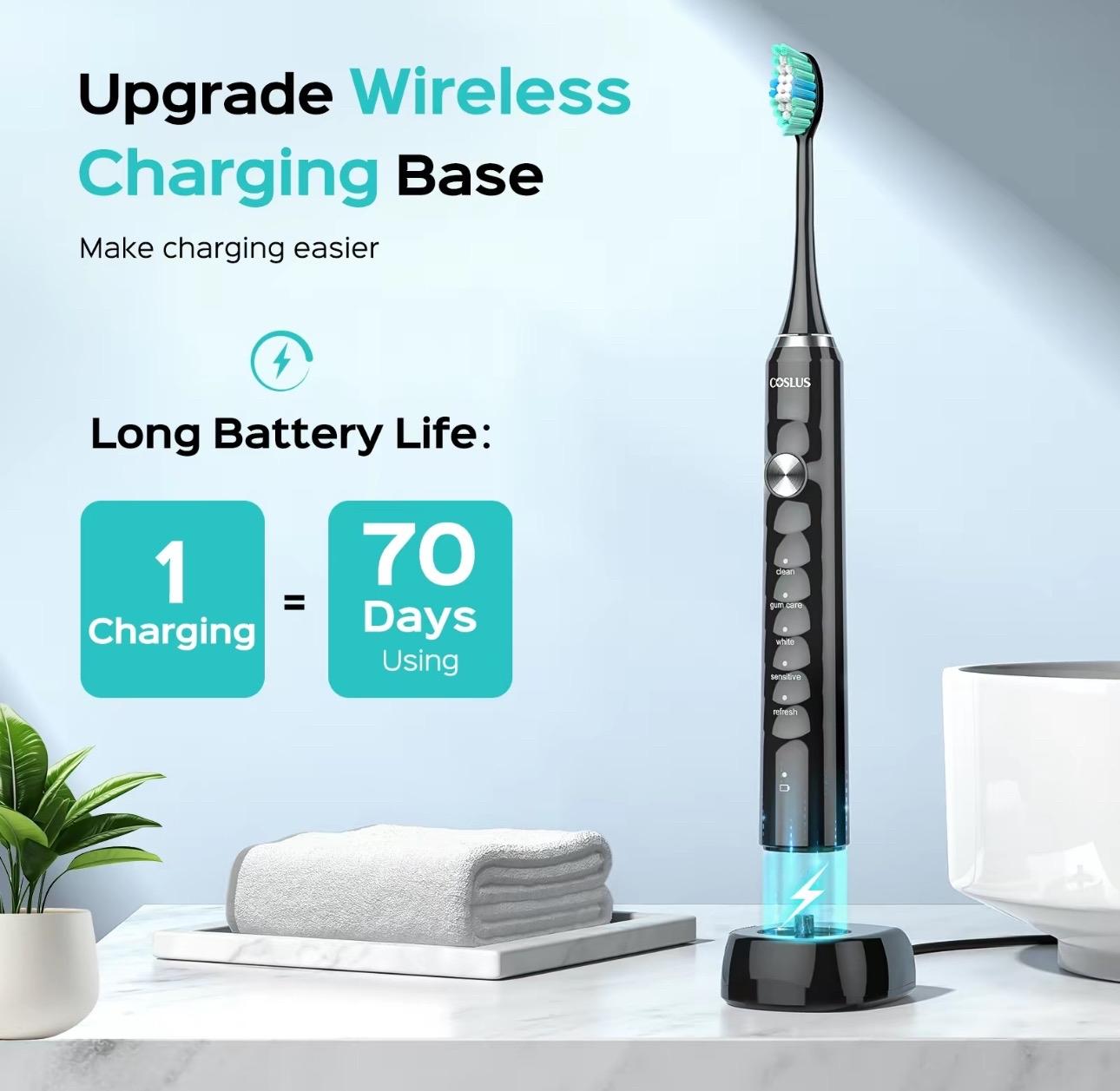 6 Replacement Brush Heads Electric Toothbrush with 47,000 VPM and 10x Cleaning Power - Cleansing, Wireless Charging, IPX Waterproof
