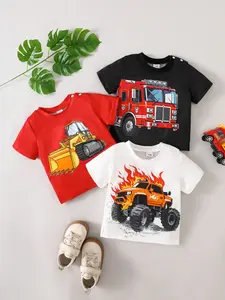 Baby Boy Summer/spring Cute Excavator and Car Pattern Print Top 3-Piece Set, Fitted Style, No Choking Hazard Warning, Ca Prop 65 Free