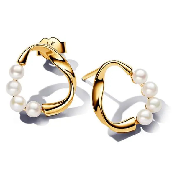 Pandora Classic Semiprecious Stone Stud Earrings - Organic Shape Circle, 2-Treated Twist Organic-Looking Oval Freshwater Cultured Unique Pearls, Metal Plated Gold, for Adults, 263276C01 (Non-Bleached)