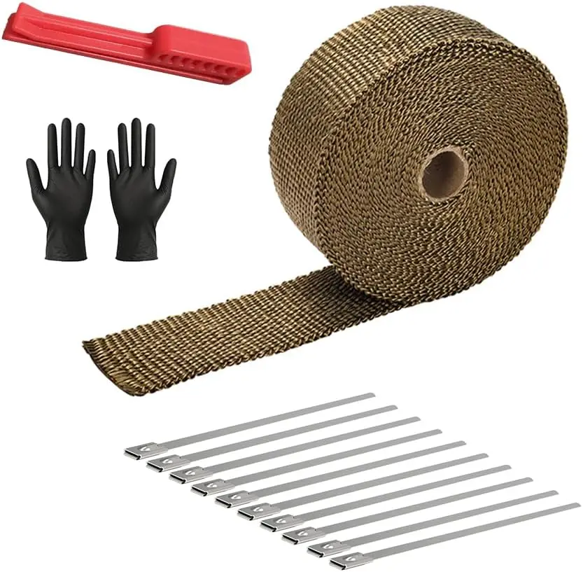Exhaust Heat Wrap Roll 2" x 16' Titanium Fiberglass Heat Shield Tape 1 Rolls 5cm x 5m with 10pcs Stainless Ties and A Measure Tool for Motorcycle Car Truck