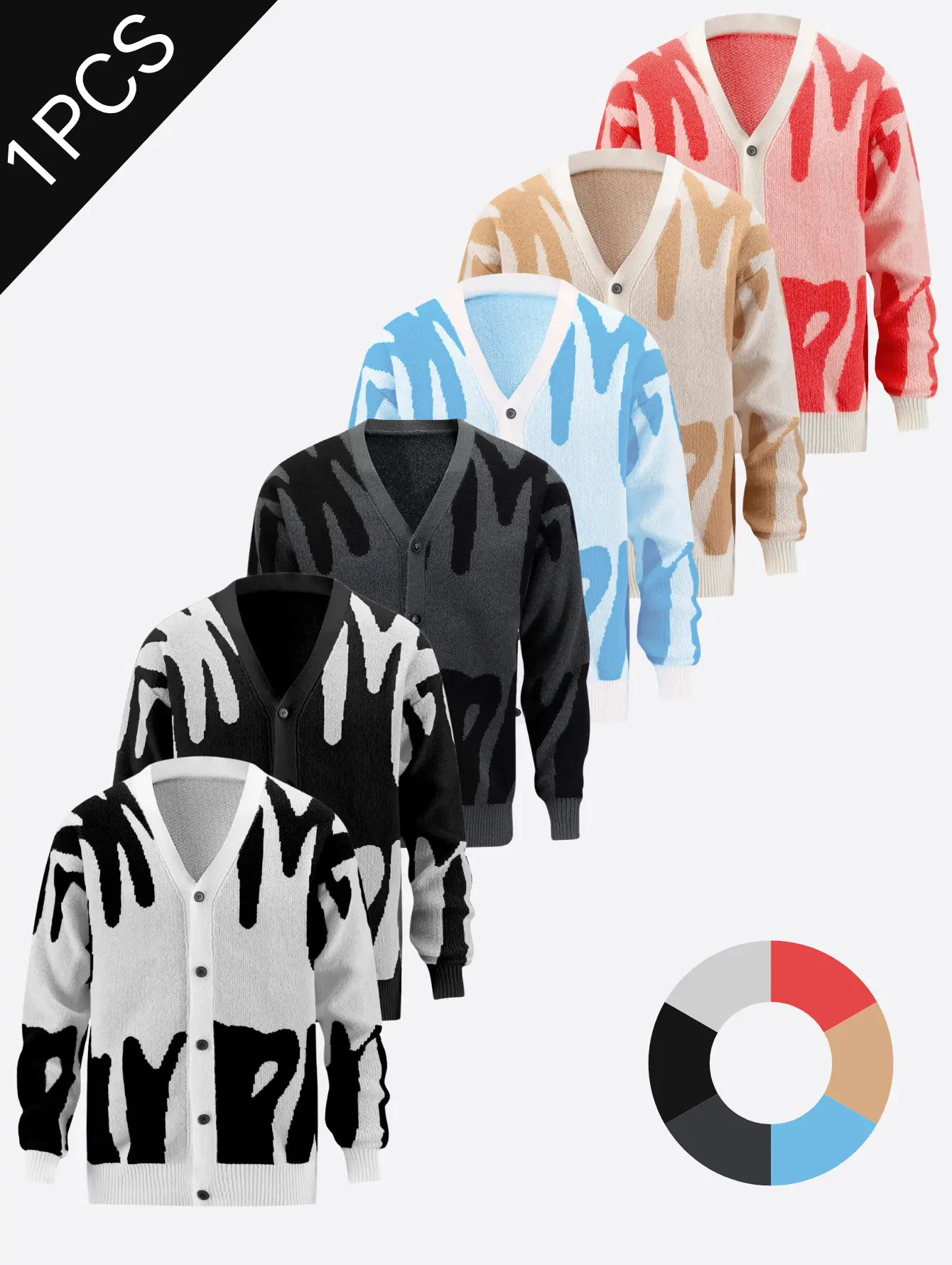 Loose-fit long-sleeve knit outerwear available in six colors, V-neckline, large-area letter jacquard pattern