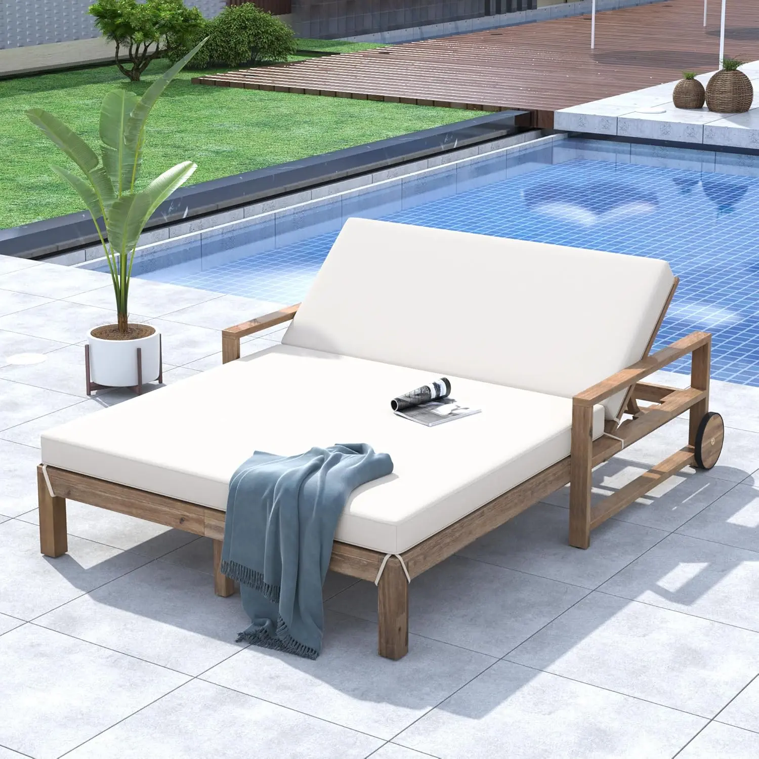 Wood-Frame Outdoor Sunbed with 4-Level Adjustable Backrest, Cushioned Seat, Armrest, 56.7"l x 76.2"w x 33.5"h, 89.2 lbs, 2-Person Lounger for Poolside, Backyard, Outdoor Daybed