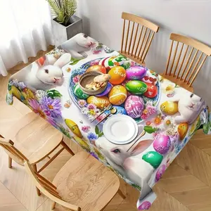 1 Piece Easter Bunny and Egg Tablecloth - Bright Polyester Fiber, Machine Washed Rectangular Cover, with Cute Bunny and Colorful Egg Design, Perfect for Indoor/outdoor Spring Dining and Family Gathering Decoration
