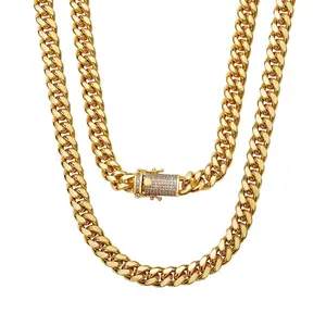 Miami Cuban Link Chain Set For Men  Golden Stainless Steel 10mm Curb Bracelet Necklace Diamond Chains