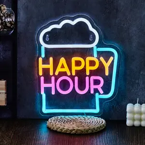 Happy Hour Neon Sign Beer Cup Shape, USB Powered Bar Birthday BBQ Party Decoration Light, No Plug, Perfect for Halloween & Christmas Parties, Party Lights, Decorative Neon Light