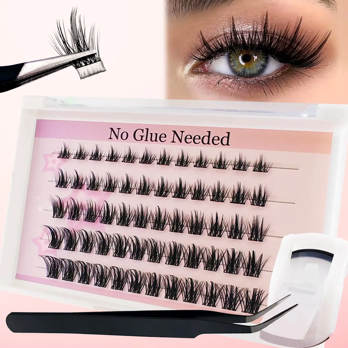 Self Adhesive False Eyelashes Cluster Set, Cosmetic Makeup, Mixed Lengths (8-16mm), Fluffy, Curled, Dense, Natural Look, Waterproof, Cosplay, Travel Friendly, Beginner Friendly Lashes, Compact