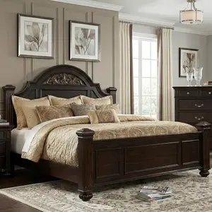 Syracuse Traditional Panel Bed with Carved Floral Accents, Fluted Posts & Wood Veneer Frame – Available in Dark Walnut or Gray – By FOA