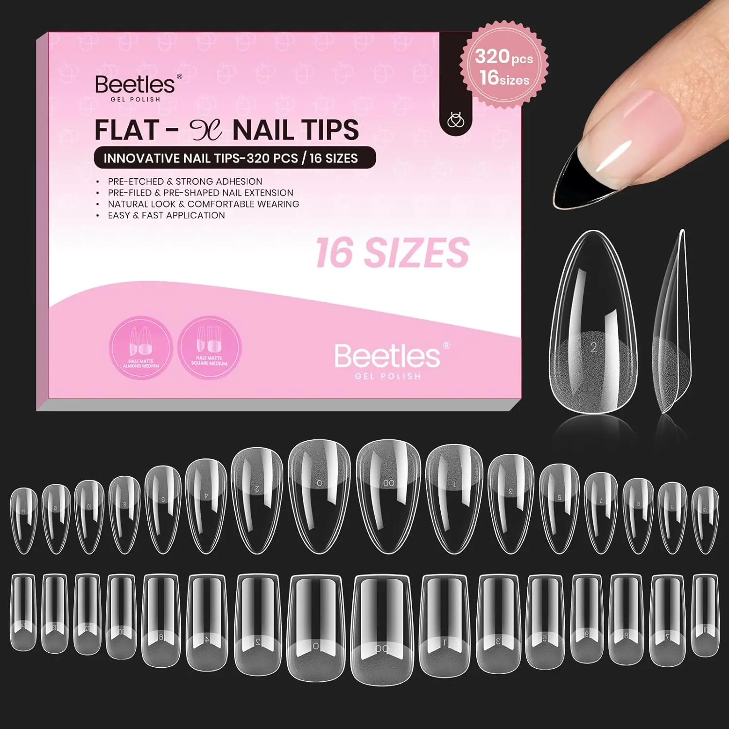 Beetles 2 Shape in 1 Pack Flat-X Gel Nail Tips  - Almond Square Coffin Medium,  Pre-Etched Half Matte Full Cover Soft Acrylic False Nail Tips Press on Easy DIY Nail Extension Salon for Flat & Natural Nail Beds Fall Nail Christmas Gift