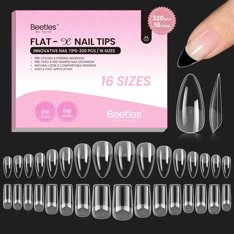 Beetles Multi-Pack 2-Shape Flat-X Gel Fake Nails - Almond, Square, Coffin Medium, Pre-Etched Half-Matte Full-Cover Soft Acrylic, Easy DIY Press-On for Flat & Natural Nail Beds, Fall Christmas Gift