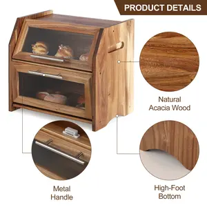 Double layered bread box, large bread box with transparent door panel, ventilation opening, farmhouse acacia wood bread storage container, kitchen countertop bread rack for bread, bread bags, and bread rolls, brown