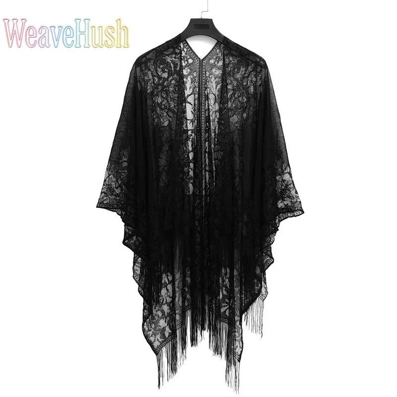 Tulle Fringed Hollow‑Out Lace Scarf Shawl, Viral Sheer Silk‑Feel Long Cape, Elegant Sun‑Protection Wrap for Dinner Dresses, Qipao, Bride & Bridesmaid Outfits, Stylish Formal & Wedding‑Ready Accessory