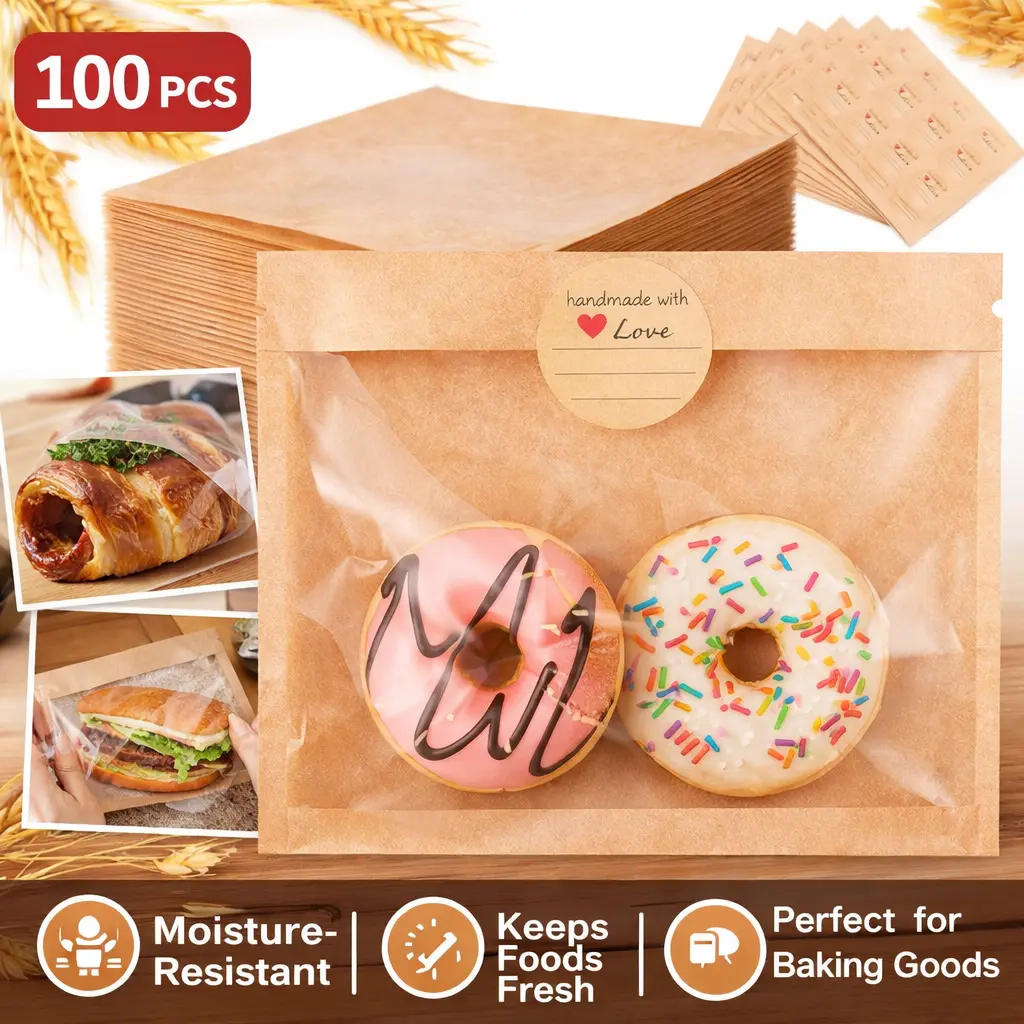 100-Pack Kraft Paper Cookie Bags - 7.1x7.5 in Greaseproof Heat-Sealable Bakery Sleeves with Window View, Logo Space for Bread, Donut, Gift Wrapping - Farmers Markets Use, Mid-Year Sale, Creative Gift Packaging, Individual Packaging