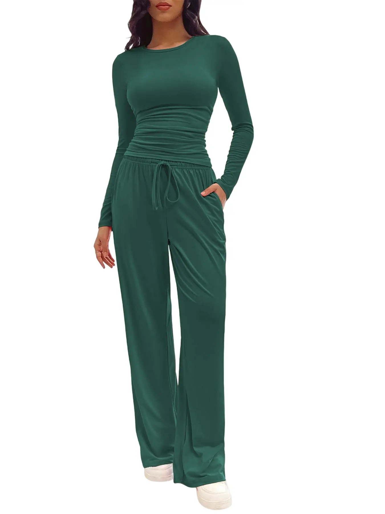 Two-Piece / Six-Piece Set Women's  Simple Solid Ruched Tee & Drawstring Pocket Pants Knit Lounge Set, Casual Long Sleeve T-shirt & Elastic Waist Trousers, Ladies Sleepwear Loungewear for All Seasons