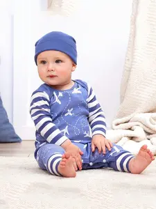 Newborn Baby Boys Girls Long Sleeve Romper Set, Fun Airplane Cartoon Print, Includes Bodysuit Pants Hat, Two-Piece, Stripes Print Bodysuit, Baby Clothing