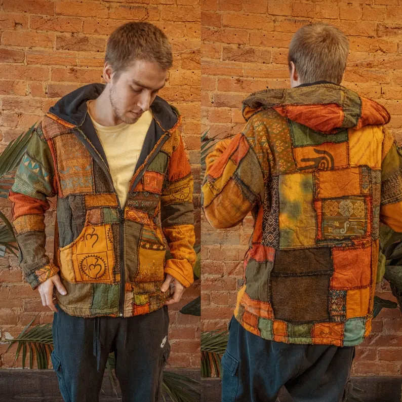Men’s Women’s Unisex Hippie Patchwork Jacket, Recycled Fleece Lined Coat, Grunge Style Hippie Carhardtt Jacket, Boho Zip up hoodie