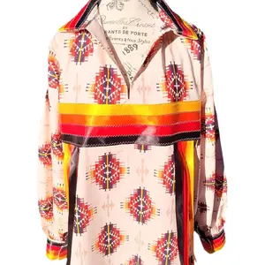 Ribbon Shirt, Native made, Handmade Men's Fire Color Ribbon Shirt with Tribal Print Cotton Fabric.