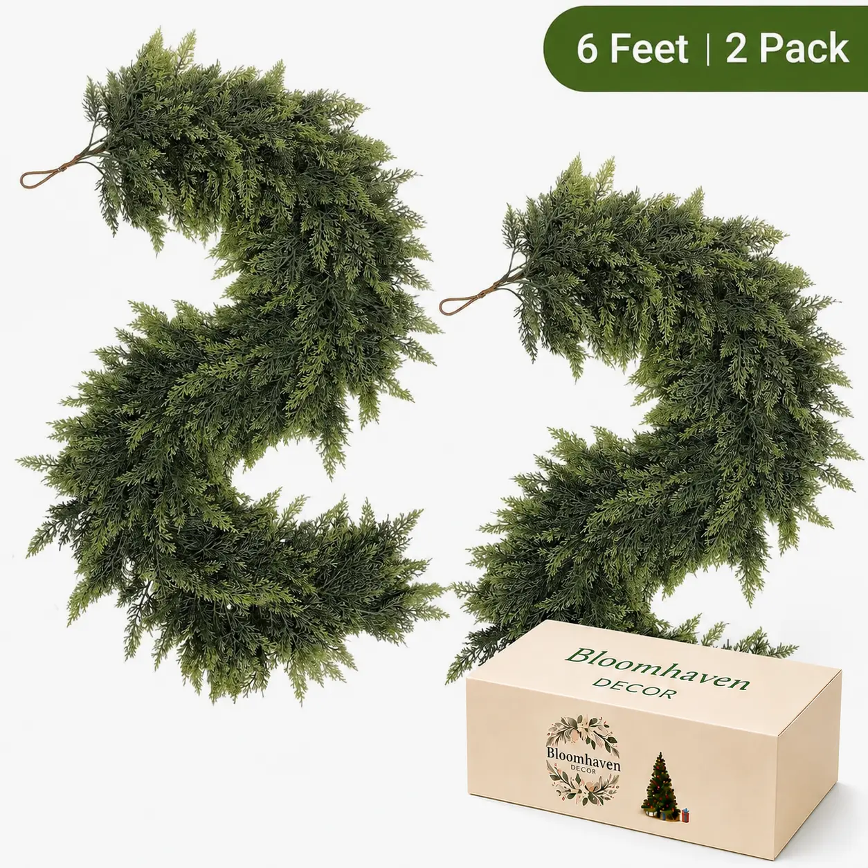 6 FT 2 Pcs Artificial Cedar Garlands, Real Touch Winter Cedar Garland, Green Artificial Greenery Pine Garland for Table, Mantle, Wall, Indoor, Outdoor Christmas Decorations (2, 6 FT)