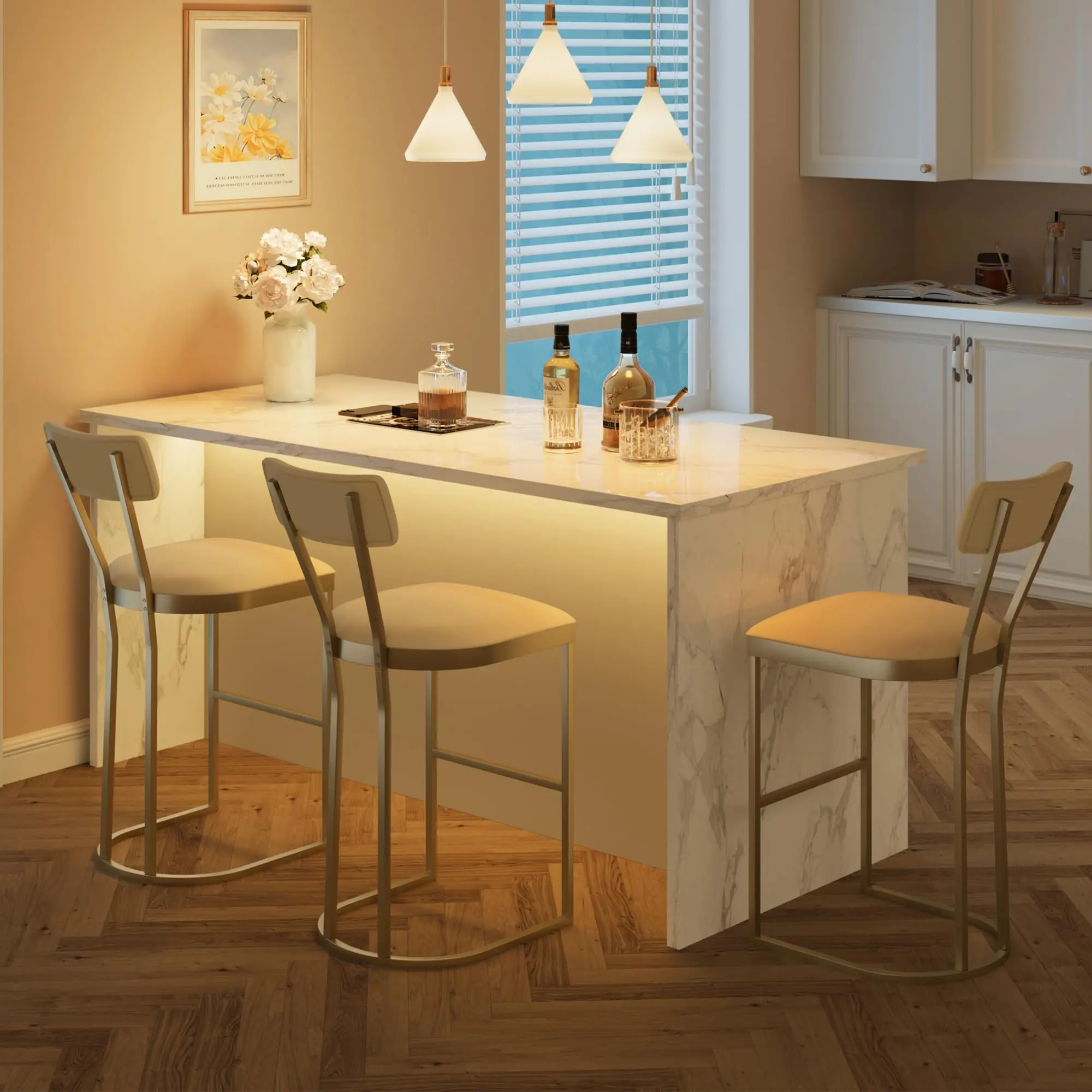 Counter Height Bar Stools, Kitchen Breakfast Bar Stools with with Armless Design, Modern Pub Chairs with Upholstered and Metal Legs for Home Bar Dining Room, Set of 2, Gold