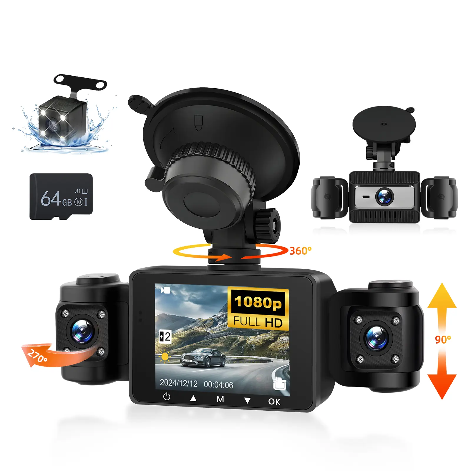 RIMOODY 4 Channel Car Dashboard Camera, 360° Front and Rear Interior Dashcam with 64GB TF Card, 2" Screen, Night Vision, G-Sensor, Loop Recording, Car Driving Recorder, 1080P Car Cameras
