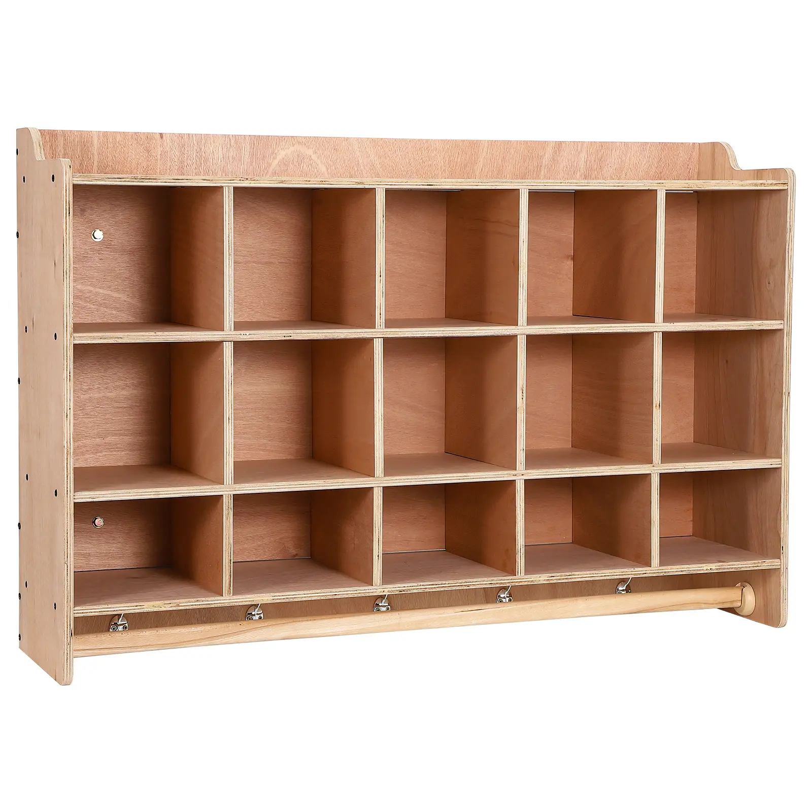 15-Cubby Rolling Storage Cabinet with Lockable Doors, Hooks & Shoe Shelf – Natural Wood Organizer for Entryway, Classroom, Mudroom or Home Office