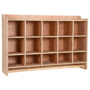 15-Cubby Rolling Storage Cabinet with Lockable Doors, Hooks & Shoe Shelf – Natural Wood Organizer for Entryway, Classroom, Mudroom or Home Office