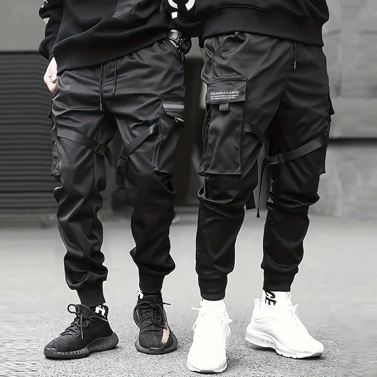 Tactical Techwear Cargo Jogger Pants for Men Black Multi Cargo Pocket Leg Strap Elastic Drawstring Waist Tapered Ankle Y2K Goth Skate Streetwear Daily Hip Hop Casual Jogging Bottoms