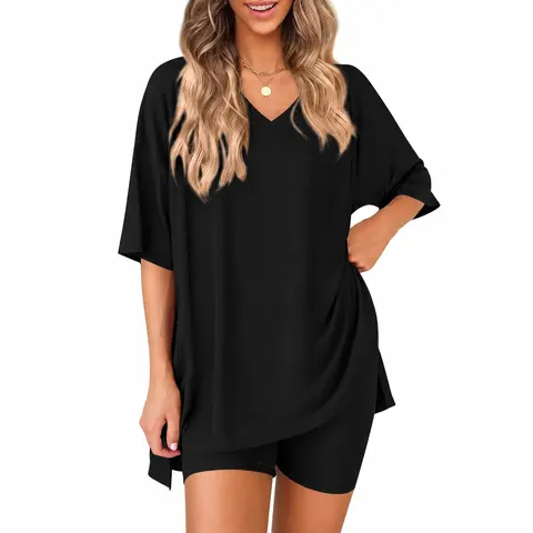 Women's 2-Piece Basic Comfortable Loose Minimalist Chic Loungewear Pajamas Set - Summer V-neck Short-sleeved Slit Top, High-waisted Shorts for Birthday Wear
