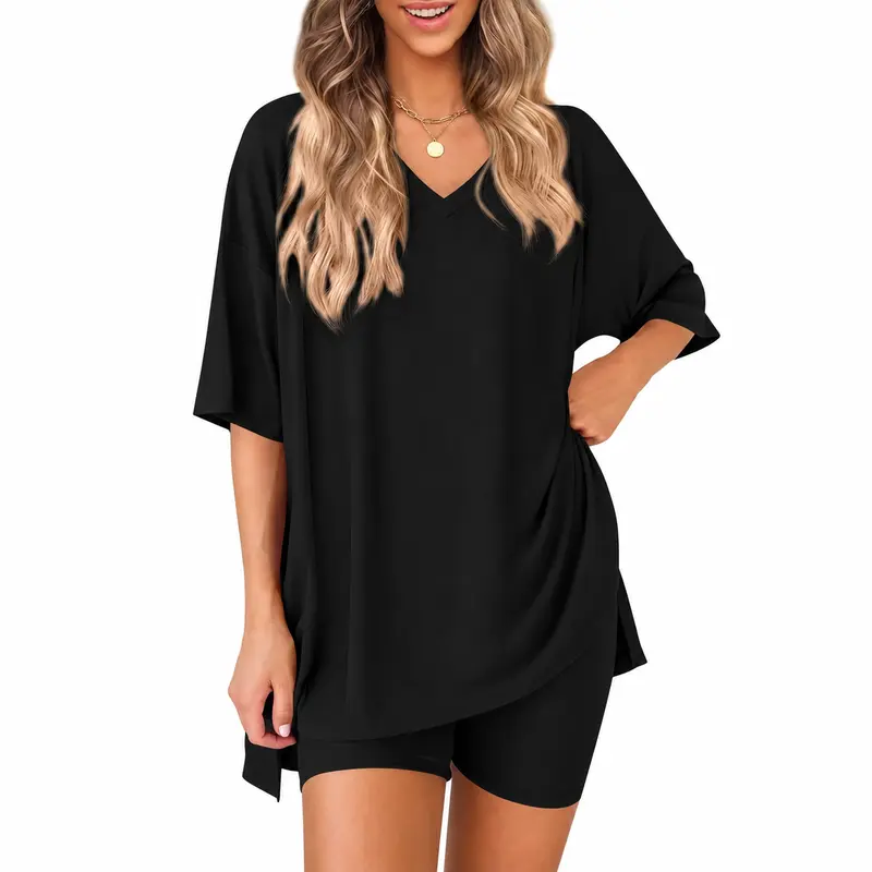 Women's 2-Piece Basic Comfortable Loose Minimalist Chic Loungewear Pajamas Set - Summer V-neck Short-sleeved Slit Top, High-waisted Shorts for Birthday Wear