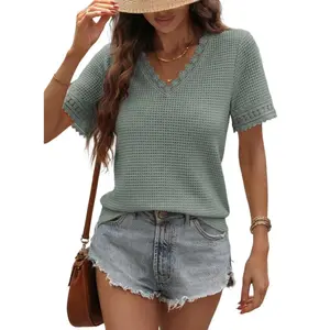 Dokotoo Women's Casual V Neck Short Sleeve Waffle Knit Lace Patchwork Shirts Summer Loose Basic Tunic Tops Tee Blouses