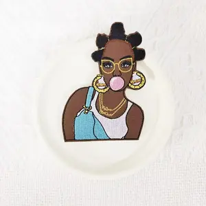 1PCS cartoon character black skinned girl embroidery patch with bubble gum design badge, Unique embroidery, suitable for DIY patches on hats, bags, and clothing, durable material with back hot melt adhesive that can be sewn, ironed, and washed
