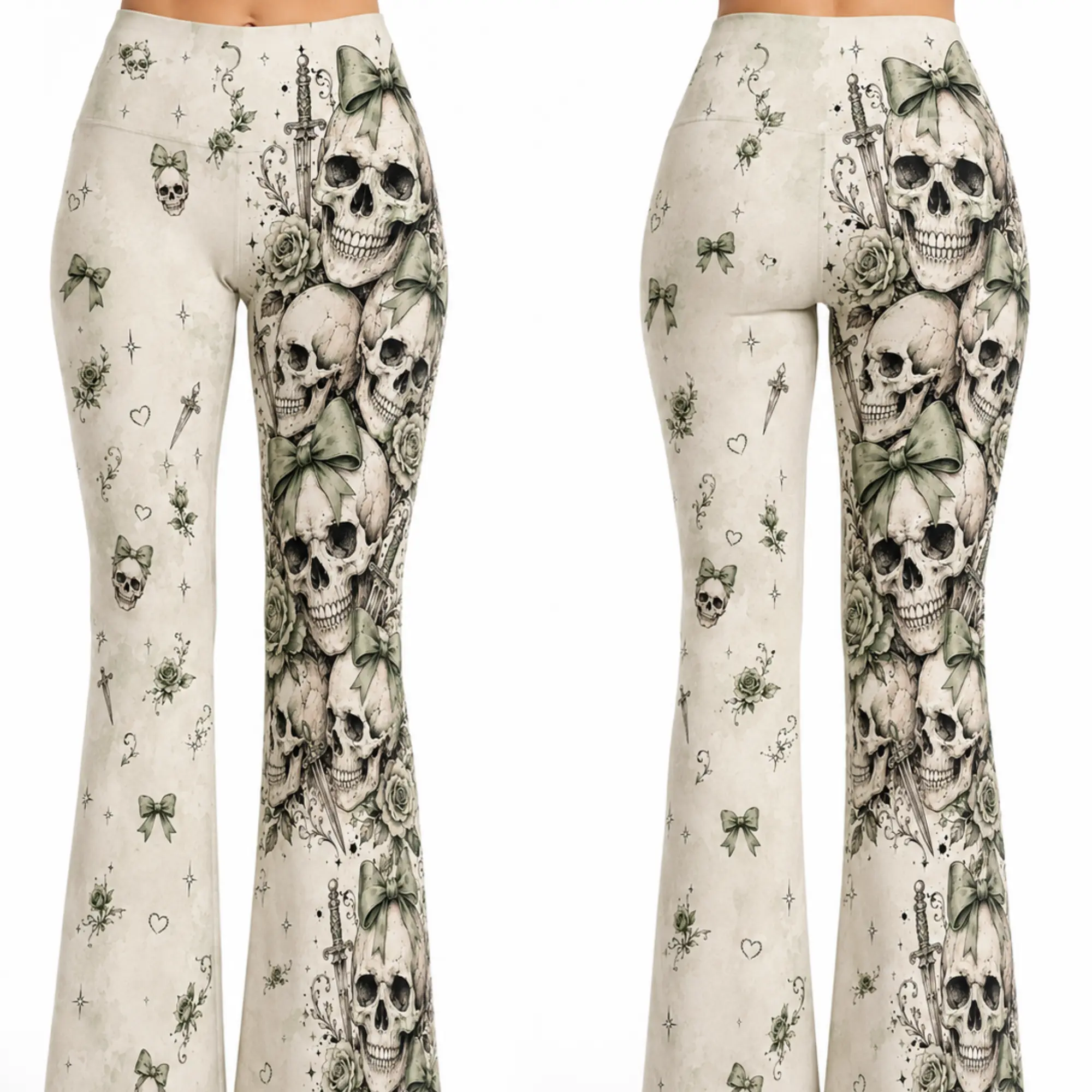 Women’s Gothic Skull Floral Leggings - Vintage Rose and Bow Print High Waist Bell Bottom Yoga Pants