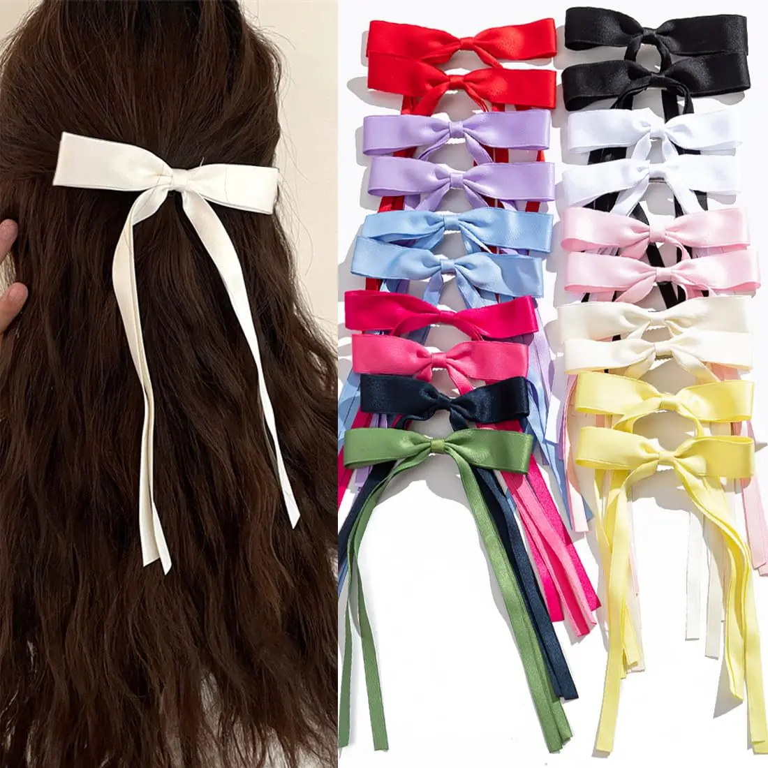 20 Hair Bow Clips with Ribbons, Bowknots, and Long Tails - Barrettes for Women's Hair Styling