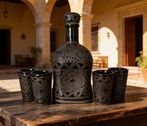 Stoneware Decanter Set with 4 tequila shots - Handmade  - Black -