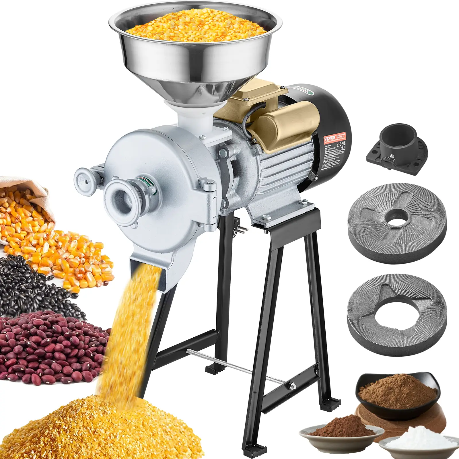 VEVOR Electric Grain Mill Grinder, 3000W Spice Grinders, Commercial Corn Mill with Funnel, Thickness Adjustable Powder Machine, Heavy Duty Feed Flour