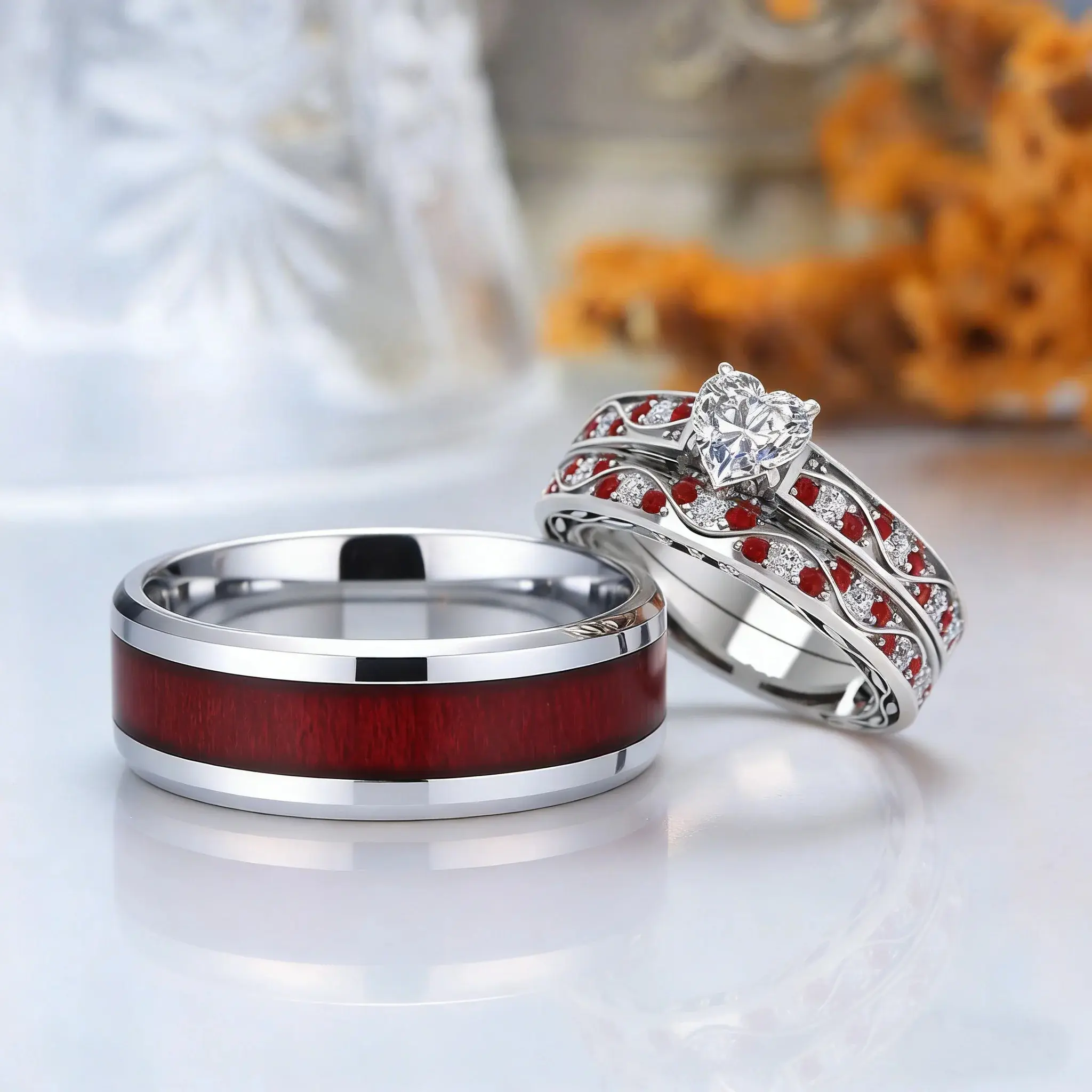 Fashion Couple Rings Romantic Women Heart Red Rhinestones Zircon Ring Fashion Men Stainless Steel Rings Wedding Party Jewelry