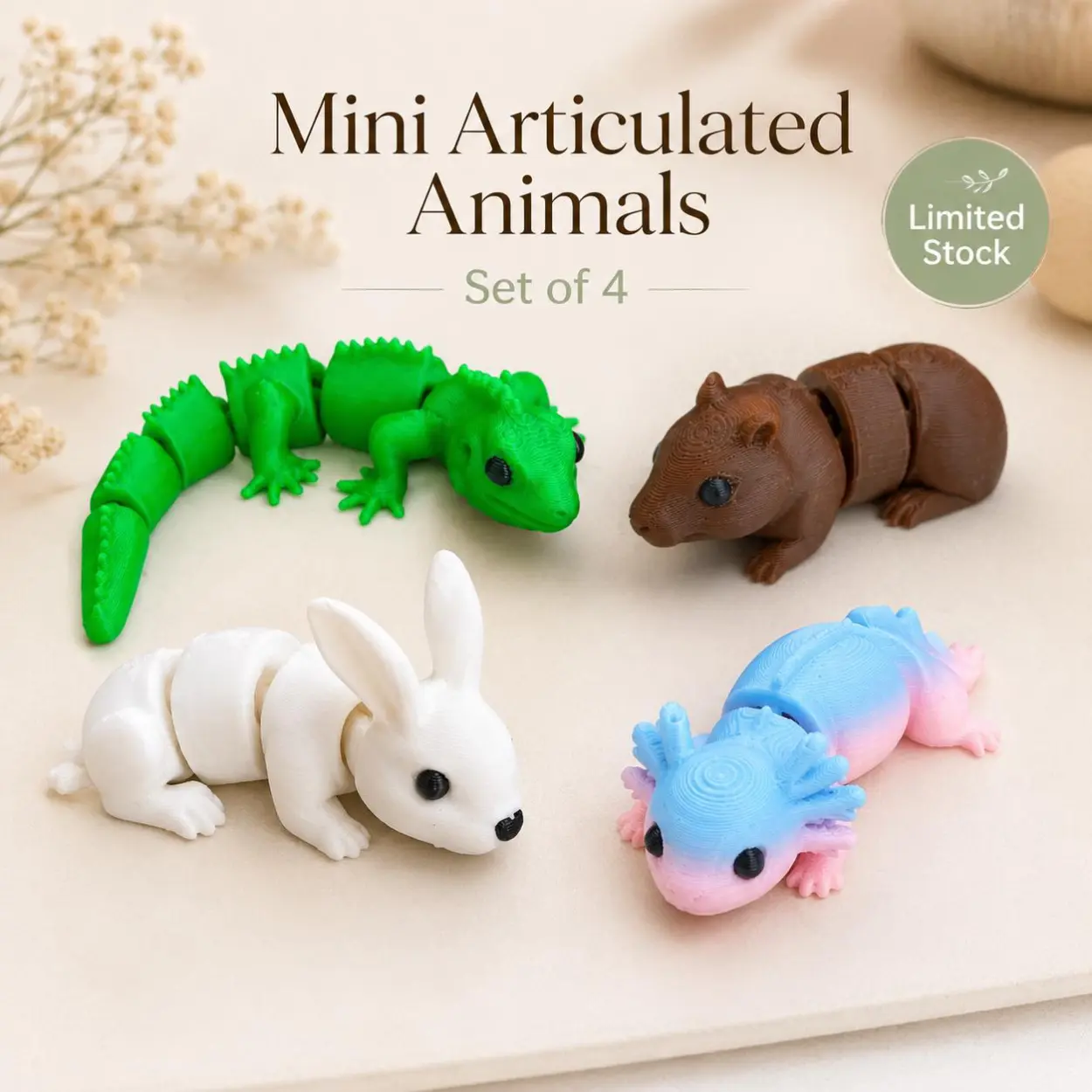 Mini Articulated Animals Set of 4 | 3D Printed Flexible Toys | Lizard Rabbit Axolotl Capybara | Limited Stock Gift