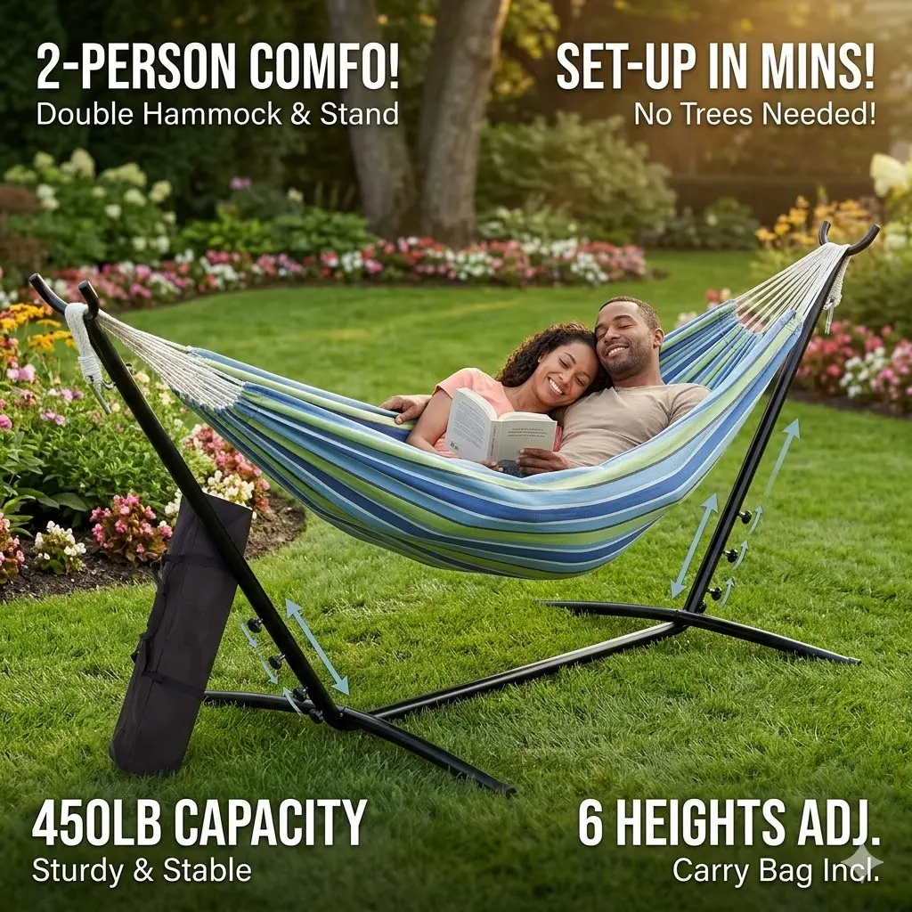 【DealsForYouDays】GARVEE hammock with stand for outside Portable 2-Person Outdoor Hammock with Carry Bag, 450lb Capacity, Ideal for Garden and Backyard Use